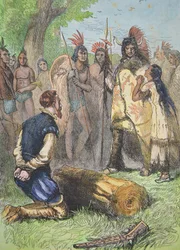 Pocahontas redder John Smiths liv (farvet gravering)