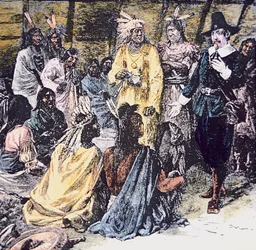 Roger Williams køber den nødvendige jord fra Narragansett-indianerne (farve litho)
