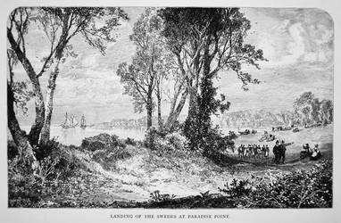 Svenske bosættere lander ved Paradise Point ved Delaware-floden i 1638 (litho)
