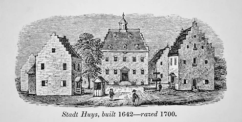 Den hollandske Stadt Huys, New Amsterdam (New York), bygget i 1642 og raseret i 1700 (litho)
