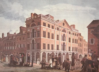 Hjørnet af Third and Market Streets, Philadelphia (farve litho)