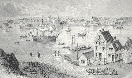 Færgen, New York, ca. 1750 (litho)