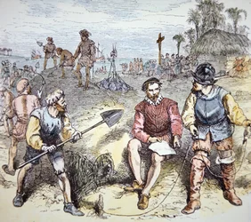 Grundlæggelsen af St. Augustine i Florida af spanierne i 1565 (farve litho)