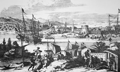 Udsigt over St. Augustine, Florida i det 17. århundrede (litho)