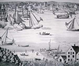 Udsigt over East River, New York ca. 1750 med et skibsbygningscenter (litho)