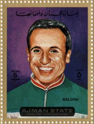 UAE-frimærke, der repræsenterer cykelrytteren Ercole Baldini (Ne 1933)