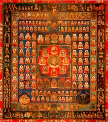 Buddhisme: Taizokai-mandala (Garbhadhatu), kaldet Livmoderverdenens mandala, anonym, 8.-9. århundrede, mål 187 x 164,3 cm, Tō-ji, Kyoto, Japan