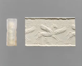 Cylinderforsegling og moderne indtryk: bevinget hest med kløer og horn, ca. 14.–13. århundrede f.Kr. (kalcedon)