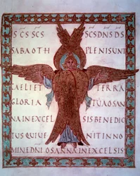 repræsentation af en miniature seraphin taget fra det karolingiske manuskript "Sacramentaire de Drogon", beregnet til Drogon, søn af Karl den Store. 9. århundredes Paris, B.N.