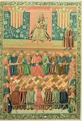 Kong James I Erobreren, der præsiderer over Cortes of Lleida i marts 1242, fra et manuskript af 
