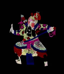 Figur fra Pekin-operaen. Bemalet papirklip eller "Jian Zhi", kinesisk folkekunst, Pekin.