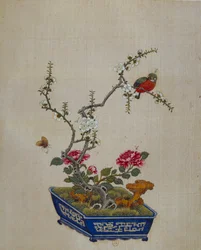 Kinesisk kunst: blomster og fugle (bonzai). 1700-tals silkemaleri. Paris, B.N.