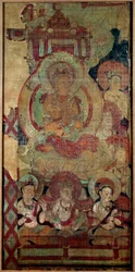 Kinesisk kunst: gruppe af Boddhisatvaer (eller Bodhisatvaer). silke maleri. 10. århundredes dynasti Touen Houang, Musee des Arts Asians de Guimet, Paris.
