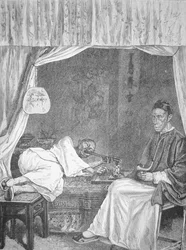 Kinesiske opiumsrygere, gravering fra 1875 (litho)