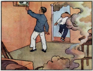 Tegning, i tilfælde af brand skal du slukke for strømmen, før du går. Illustration, i "Sådan bruger du elektricitet på en sikker måde", Kina