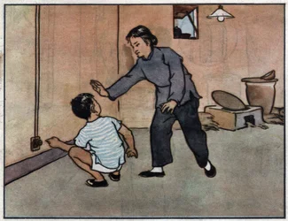 Tegning, mor advarer sit barn om faren ved elektriske stikkontakter. Illustration, i "Sådan bruger du elektricitet sikkert", Kina