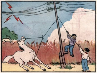 Tegning med advarsel om faren ved elmaster, børn bør ikke sætte dyr fast eller klatre på dem. Illustration, i "Sådan bruger du elektricitet sikkert", Kina