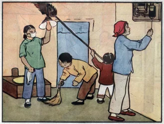 Tegning med en familie, der vedligeholder det indre af sit hus. Illustration i "Sådan bruger du elektricitet på en sikker måde", Kina