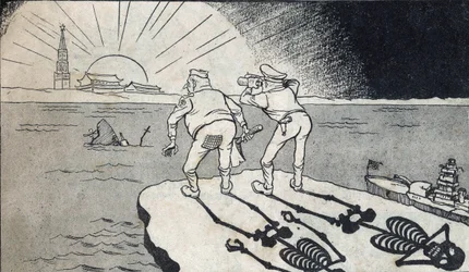 General MacArthur med sin skeletskygge, der ser på tvillingerne fra Folkerepublikken Kina. Karikatur, i "Satiriske tegninger", Peking