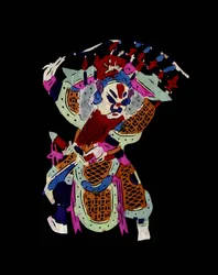 Mandlig figur fra Pekin-operaen med maske. Bemalet papirklip eller "Jian Zhi", kinesisk folkekunst, Pekin.