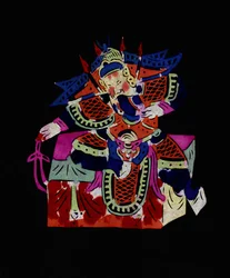 Mandlig figur fra Pekin-operaen med maske. Bemalet papirklip eller "Jian Zhi", kinesisk folkekunst, Pekin.