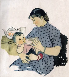 Mor giver flaske til sin baby. Illustration, i "Comment mieux nourrir nos enfants", Edition Le Journal de la Sante, Pekin