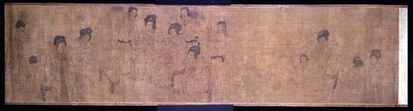 Palace Ladies at Leisure Handscroll, detalje af damer, der laver musik, efter en original af Wen-chu Chou (fl.970) Southern Sung periode, ca. 1140 (blæk og pigment på silke) (se også 114251)
