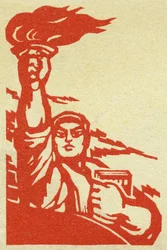 Portræt af en kinesisk revolutionær, der bærer en flamme og præsident Maos (1893-1976) røde bog i Folkerepublikken Kina. Illustration af propaganda, i "Manuel pour bien dessiner", Pekin.