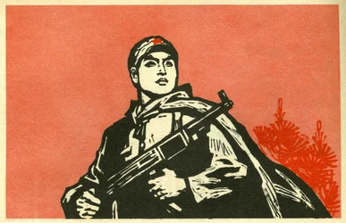 Portræt af soldaten fra Folkerepublikken Kina. Illustration de propagande, i "Manuel pour bien dessiner", Pekin