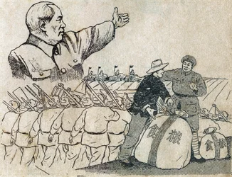 Præsident Mao (1893-1976) viser vejen til moderne landbrug for de kinesiske bønder. Illustration af propaganda, i "Satiriske tegninger", Pekin