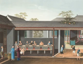 Teproduktion, ca. 1820 (kropsfarve og guldmaling på silke lagt på papir)