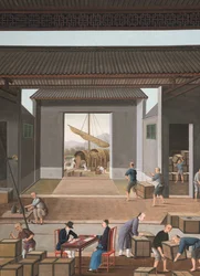 Teproduktion, ca. 1820 (kropsfarve og guldmaling på silke lagt på papir)