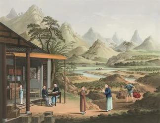 Teproduktion, ca. 1820 (kropsfarve og guldmaling på silke lagt på papir)