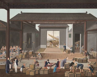Teproduktion, ca. 1820 (kropsfarve og guldmaling på silke lagt på papir)