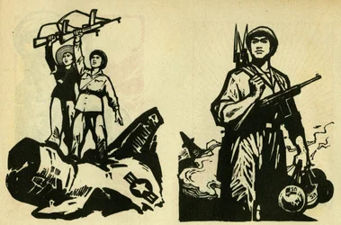 Vietnamesiske kommunister som sejrherrer over USA. Illustration de propagande, i "Manuel pour bien dessiner", Pekin