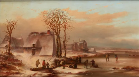 Et vinterlandskab med figurer på en frossen sø (olie på lærred)