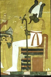 Det gamle Egypten, vægmaleri Inherkhau-graven, Theben, Osiris siddende foran offerbordet, 20. dynasti (foto)