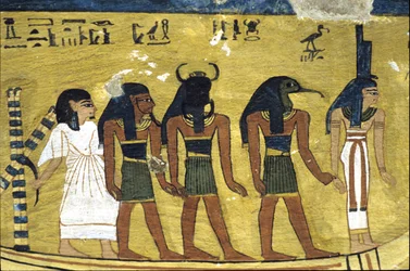 Det gamle Egypten, Vægmaleri Inherkhaus grav, Theben, Adelsgraven, 20. dynasti, Inherkhau i solbarken med Isis, Thot og Khephri (foto)