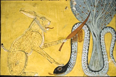 Det gamle Egypten, Vægmaleri Inherkhau-graven, Theben, adelens grav, 20. dynasti, Amon (kat) dræber slangen, forestiller Amon, der besejrer slangen, Apophis under det hellige træ (foto)