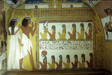 Det gamle Egypten, Vægmaleri, Sennedjems grav, Væg, Sennedjem og hans kone tilbeder underverdenens guder, Osiris, Horus, Theben, Deir el Medina