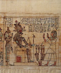 Gammel egyptisk kunst: Mytologisk Papyrus af Serimen. serimen i tilbedelse før guden ptah-sokar-osiris efterfulgt af Isis. Manuskript af det 21. dynasti (ca. 1069-945), tredje mellemperiode (ca. 1069-664 f.Kr.). Maleri.