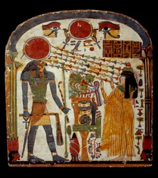 Art of Old Egypt: stele de taperet, den sene Taperet henvender sig til en bøn til Re-Horakhty (Re Horakhty, omkring 900 - 800 f.Kr.) Paris, Musee Du Louvre