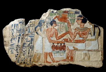 Egyptisk antikvitet: Iri-stele i kalksten. Et par giver et tilbud. Første mellemperiode (2200-2033 f.Kr.) Søn. 0,3x0,52 m Paris, Louvre-museet