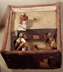 Egyptisk antikvitet: loftsmodel med skriftlærde, der registrerer prisen på korn. Fremstillet i malet træ. 12. dynasti, Mellemriget (2033-1710 f.Kr.). Fra Assiut. Svag. 0,32x0,44 m. Louvre-museet, Paris