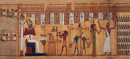 Egyptiske oldtidsgenstande: sjælenes vejning, papyrus fra Chahapiimous Dødebog, overordnet for Amons astronomer. Ptolemæisk periode (332-30 f.Kr.). Omkring 500-100 f.Kr. Paris, Louvre-museet.