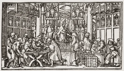 Et salg af aflad under Tudor-perioden i England (kobberstik)