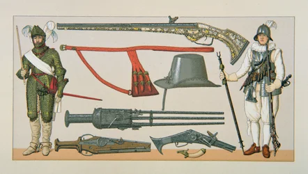 Franske soldater og skydevåben fra det 17. århundrede (farve litho)