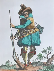 Tysk soldat fra det tidlige 17. århundrede, bevæbnet med matchlock-musket (farvegravering)