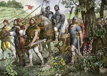 Mænd fra Kent går i kamp for at forsvare England under normannernes invasion i 1066 (farvetryk)