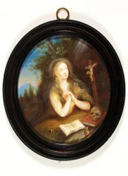 Maria Magdalene lænet op ad en banke, hendes øjne løftet til et krucifiks (emalje)